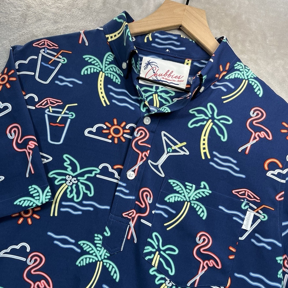 Chubbies Shirt Mens M Navy Neon Lights Short Sleeve Popover Performance Stretch